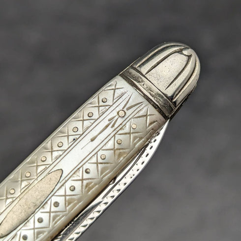 1916 British Antique White Pearl Shell Handle Pure Silver Engraving Blade Folding Pen Knife